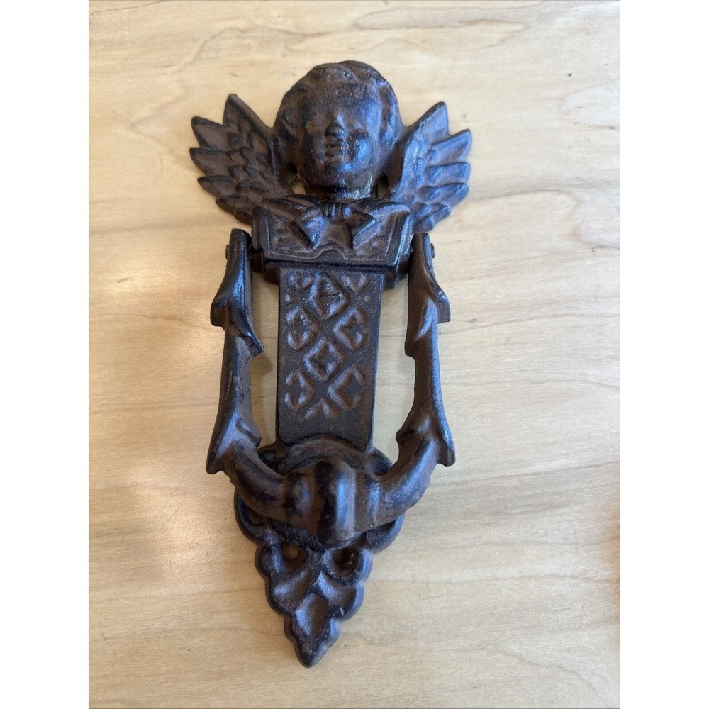Rustic Cast Wrought Iron Guardian Angel Cherub Door Knocker 8"
